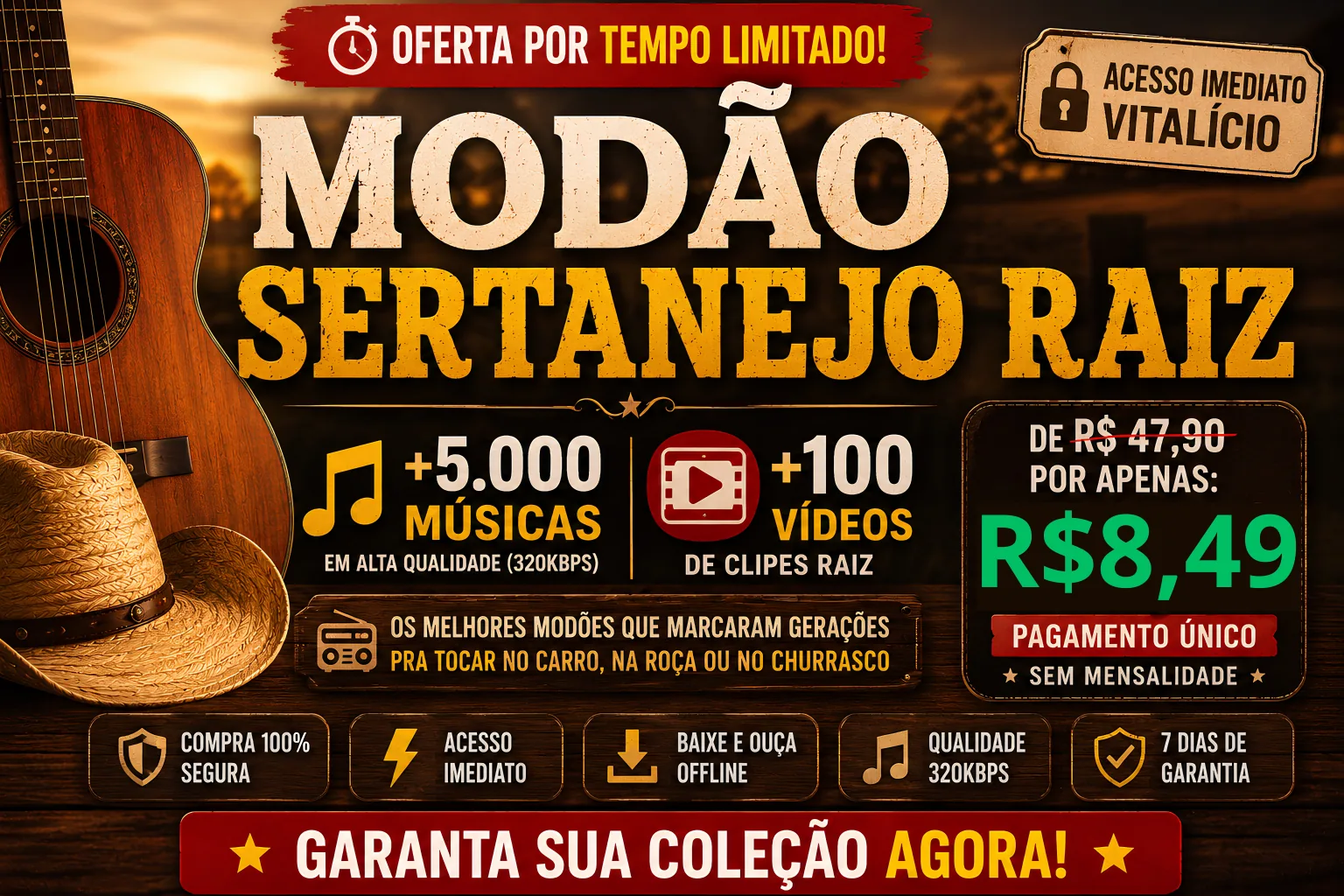 Coleção Modão Sertanejo Raiz — +5.000 músicas e +100 vídeos por R$8,49