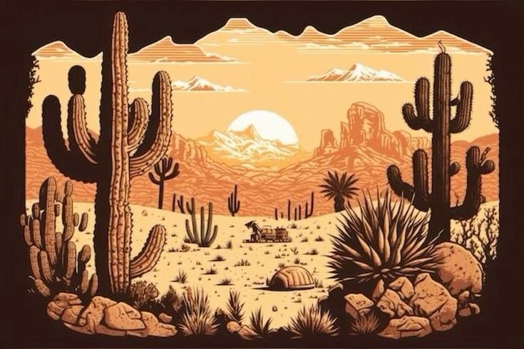 Paisagem do sertão com cactos ao pôr do sol